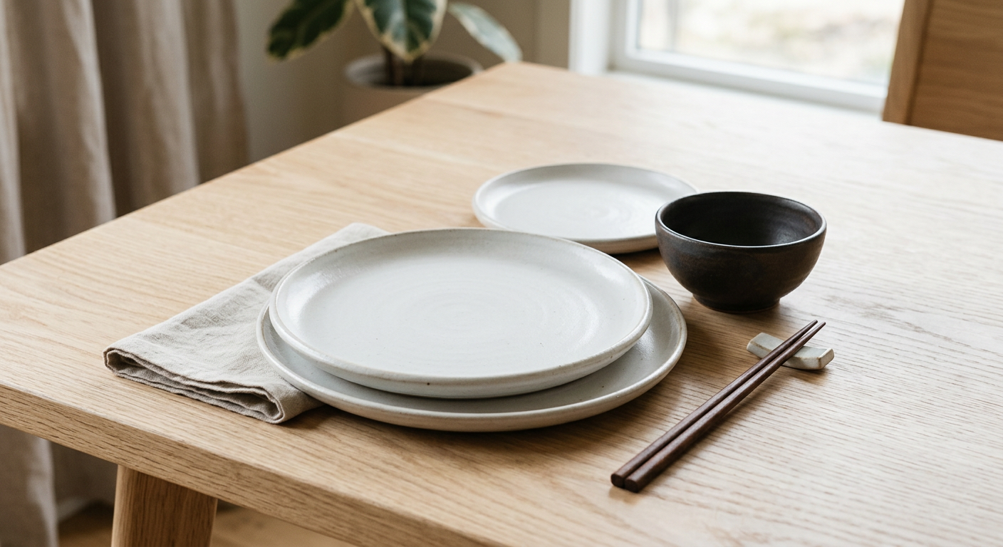 Minimalist ceramic tableware on a pale timber table